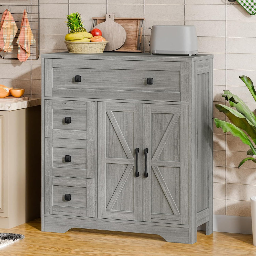 Vabches Farmhouse Storage Cabinet with 2 Doors and 4 Drawers, Wash Grey