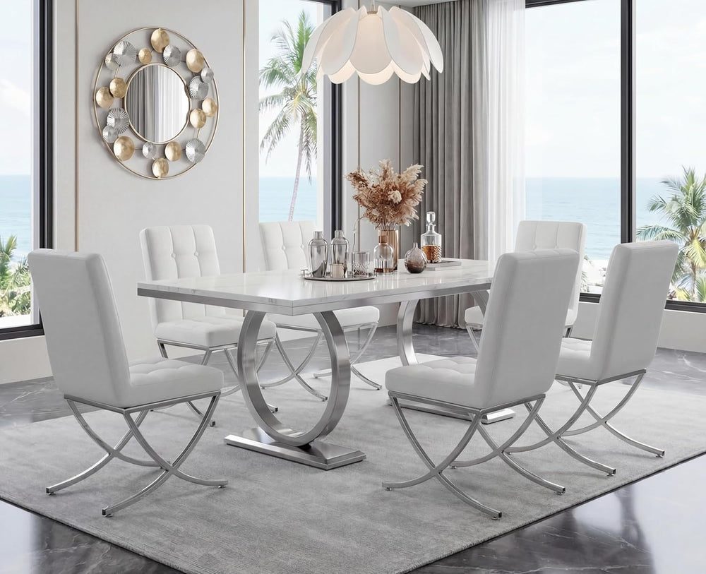 EALSON Modern Dining Chairs Set of 6, White Leather Upholstered Seater with C...