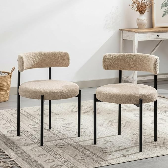 Boucle Dining Chairs Set of 2, Beige Dining Chairs with Upholstered Seat and ...