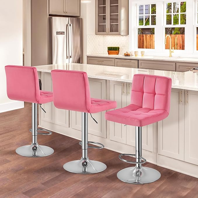 Yaheetech Pink Bar Stools Set of 2, Adjustable Velvet Barstools, Modern Count...