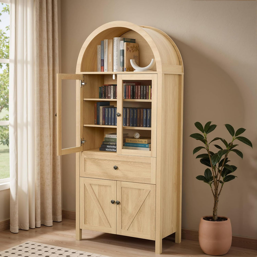 Retro Curved Cabinet, Arched Bookcase with Glass Doors, Natural Wood Display ...