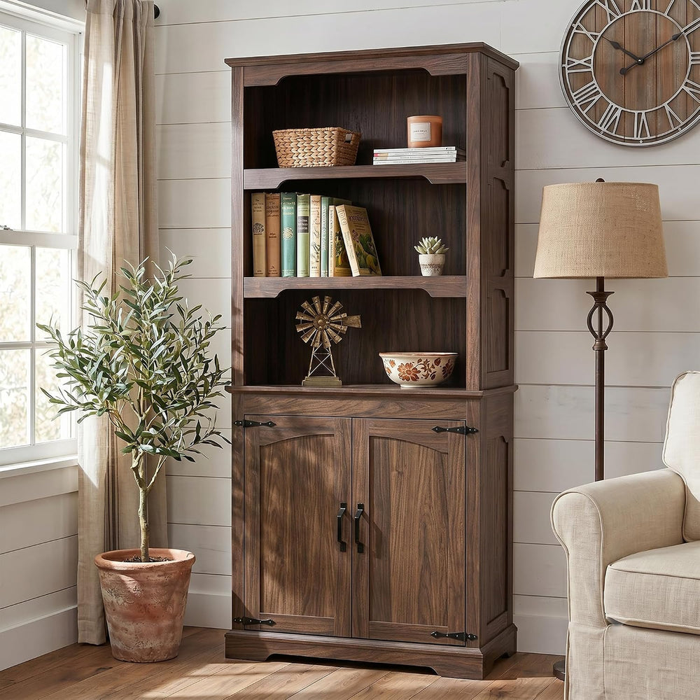 70”Walnut Bookcase Bookshelf, 5-Tier Farmhouse Bookcases with Doors