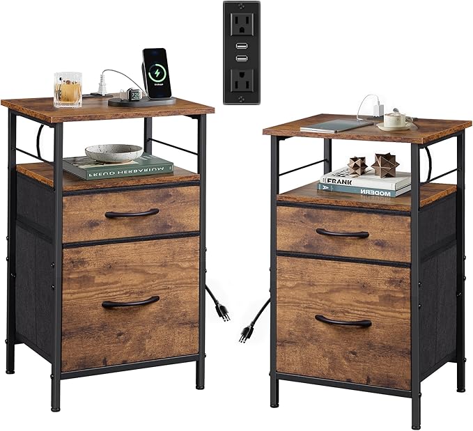 WLIVE Night Stand Set 2, Nightstand with Charging Station, Bedside Tables for...