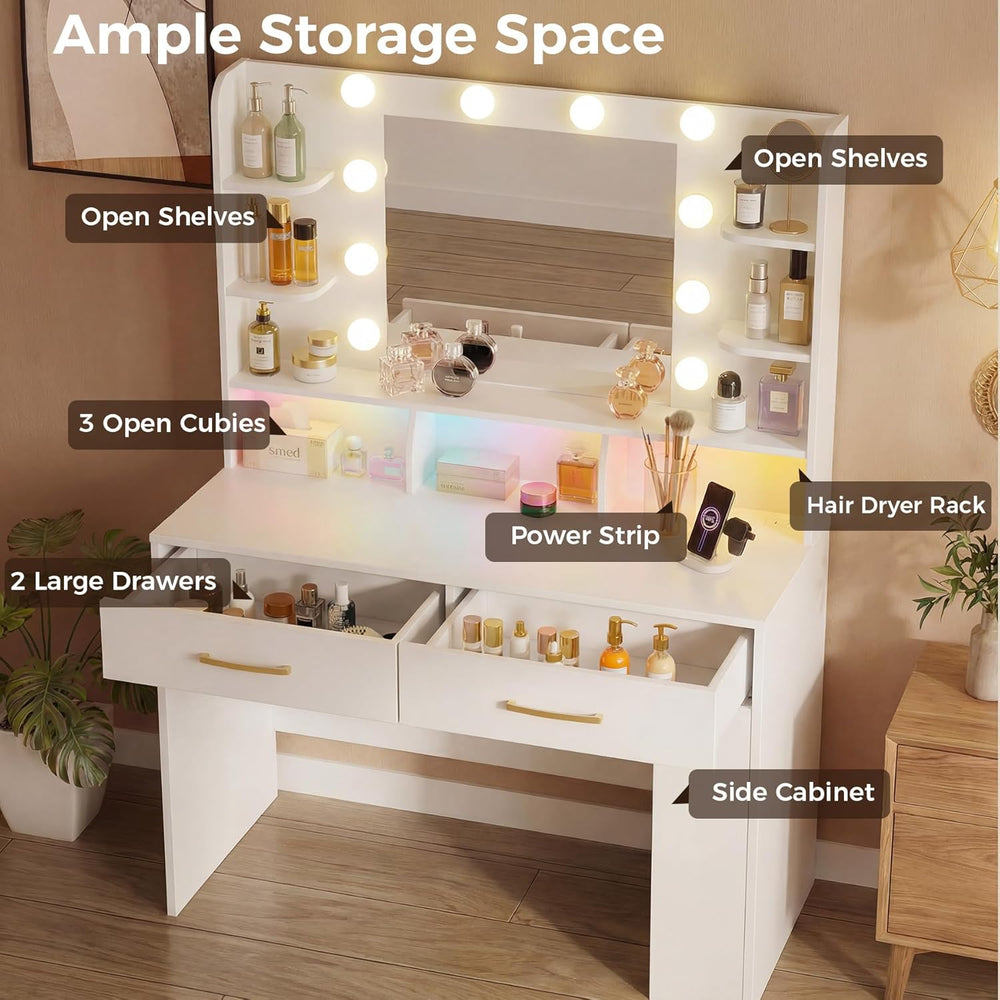 LUCKRACER Vanity Desk with LED Lights Mirror & Charging Station, Makeup V...