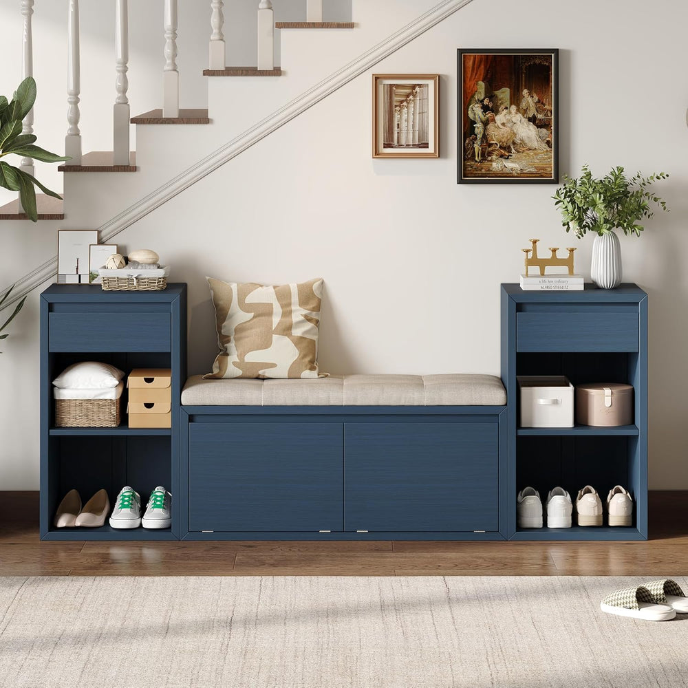 SOFTSEA All-in-One Entryway Storage Bench with Cushion, Compartments, Drawers...
