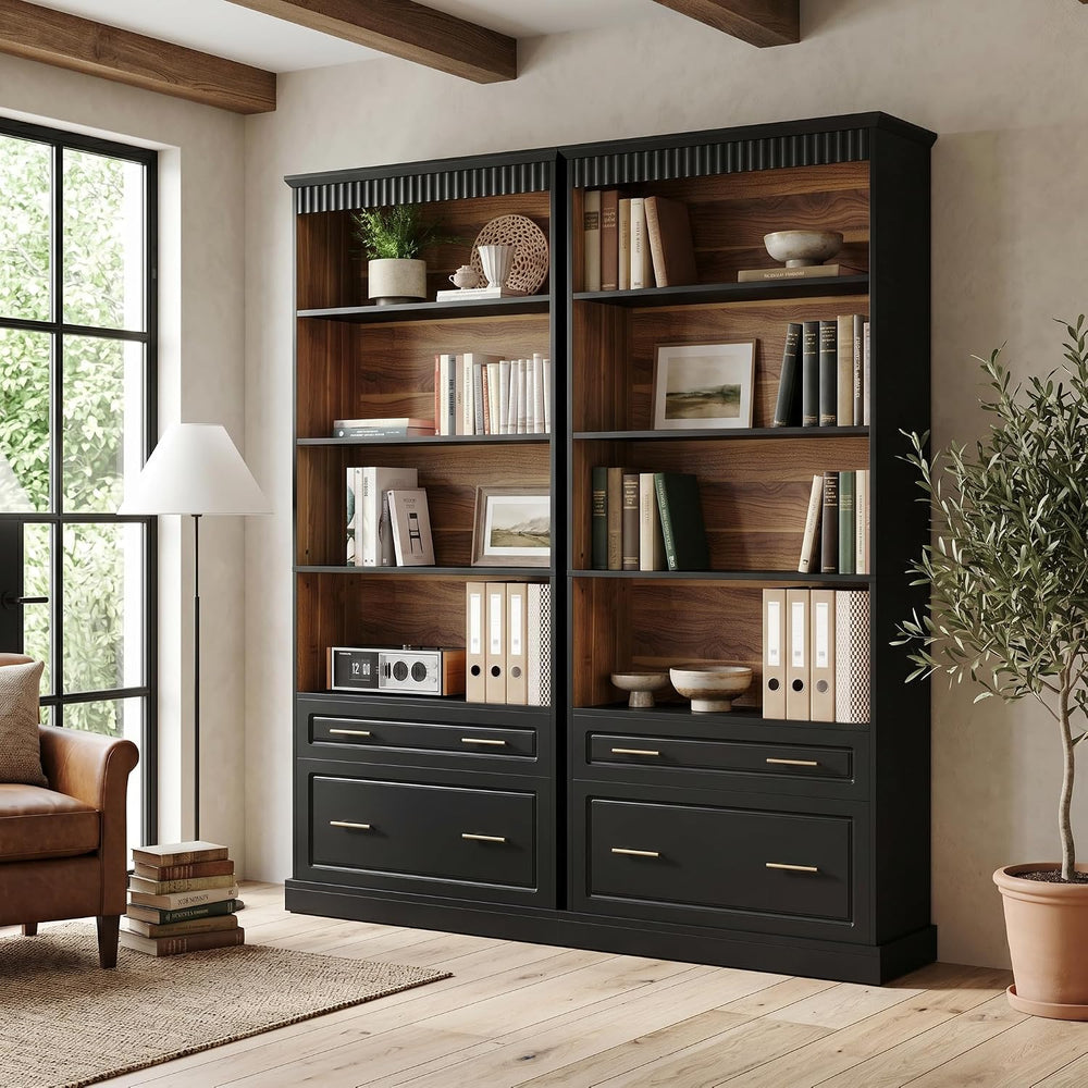 LITTLE TREE 72" Tall Black Bookcase with 2 Drawers, 5-Tier Bookshelf wit...