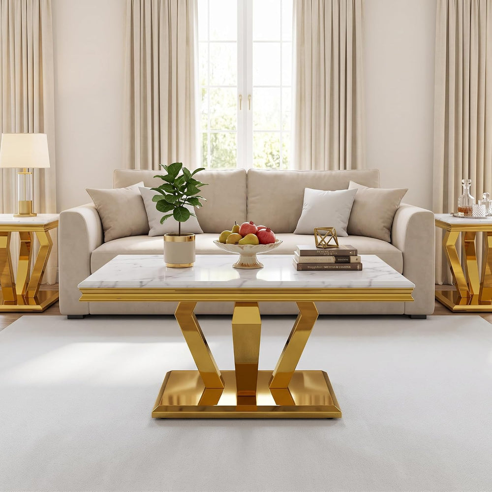 Asday White Coffee Table Set of 3, Gold Polished Geometric Metal Base | Luxur...