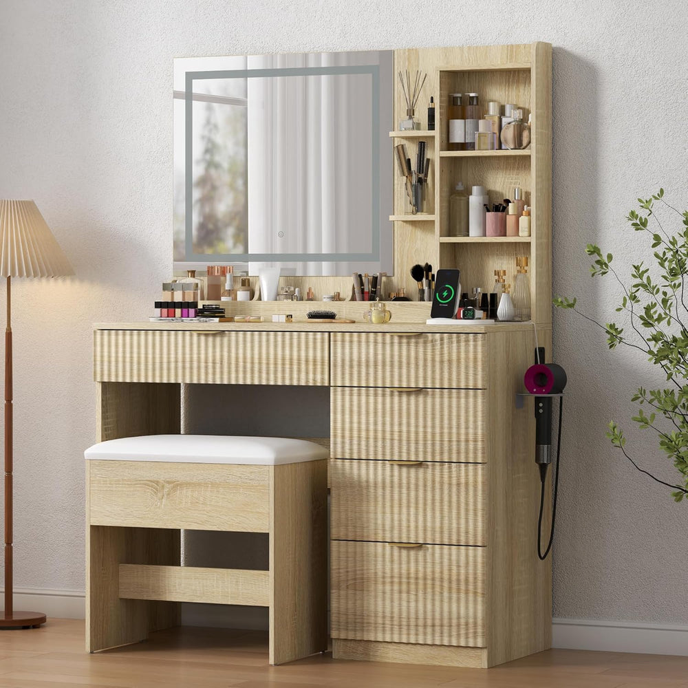 Fluted Vanity Desk with Hidden Storage Stool and Large Mirror, 5 Drawers | Ma...