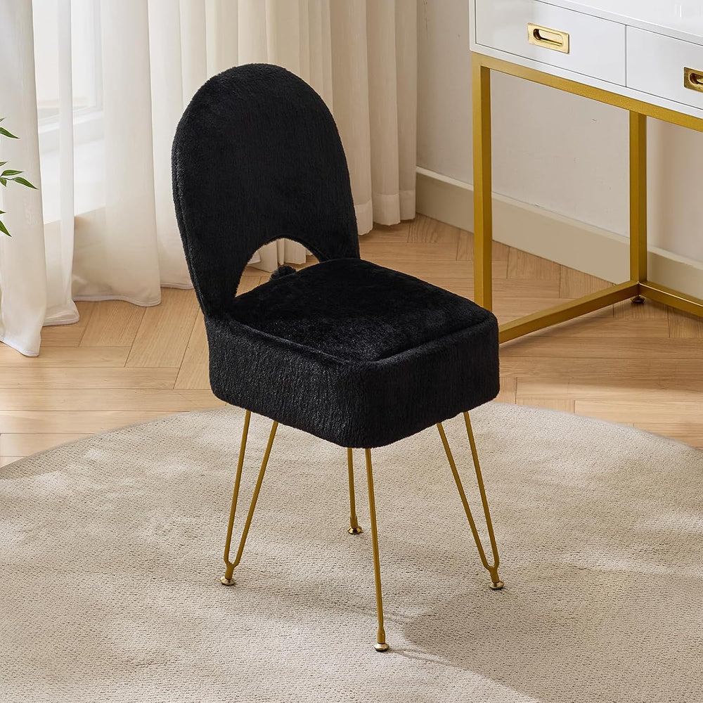 Gitrah Black Vanity Chair with Storage, Folding Back Faux Fur Vanity Stool, M...