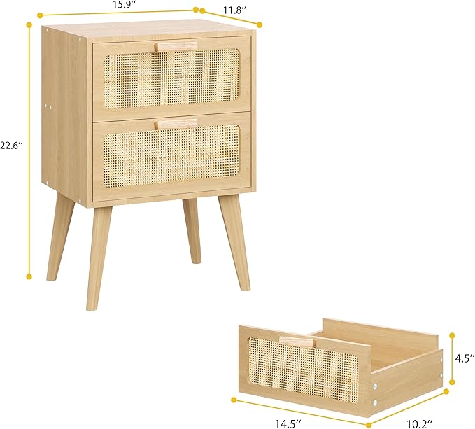 Rattan Nightstand,Boho Bedside with Storage,End Table,Side Table with 2 Hand ...