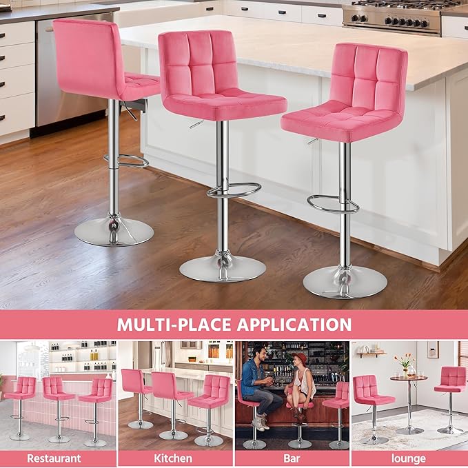 Yaheetech Pink Bar Stools Set of 2, Adjustable Velvet Barstools, Modern Count...