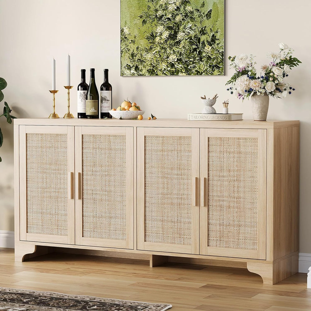 GarveeHome 4-Door Sideboard Buffet Cabinet, Natural Rattan Storage Cabinet, B...