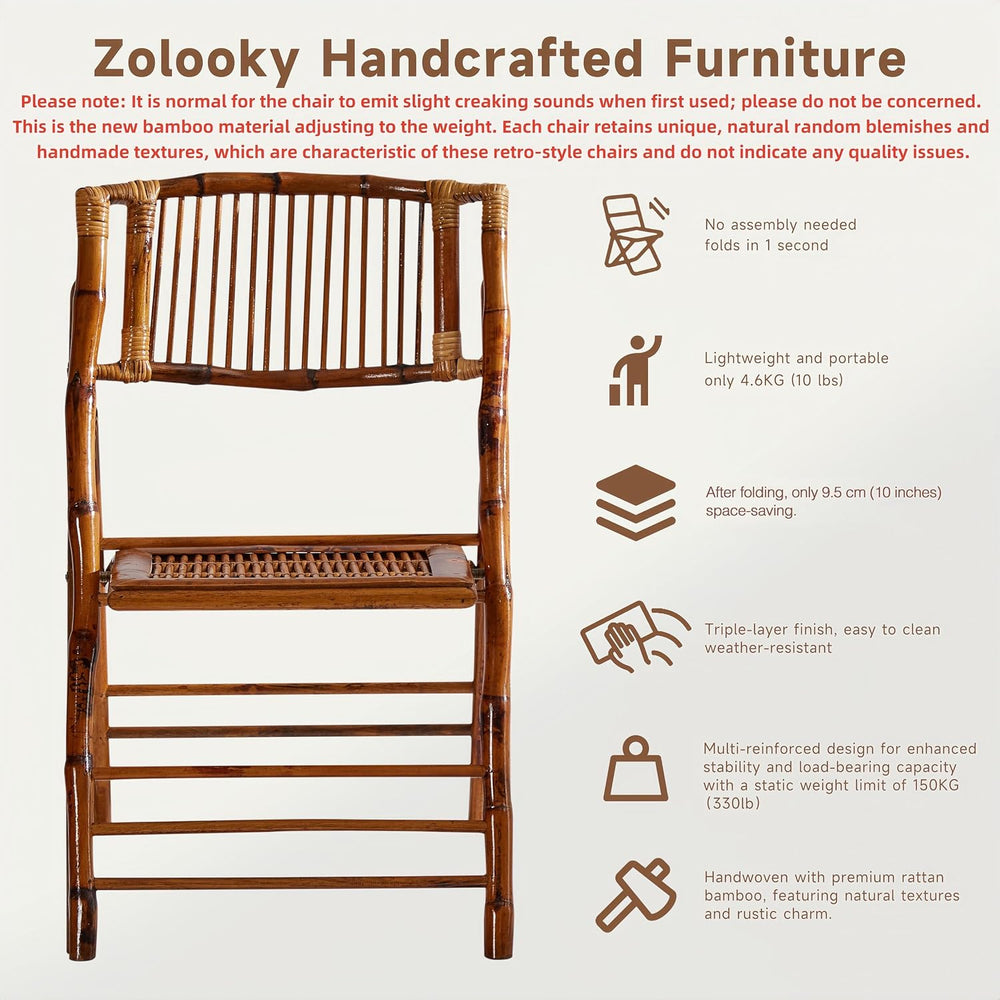 2 Pack Certified Bamboo Folding Chair, Completely Upgraded Foldable Vintage D...