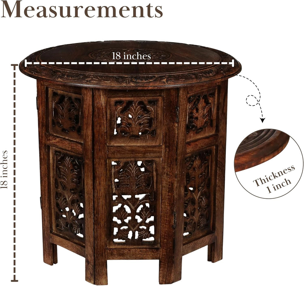 Round Wood Coffee Table - 18” Carved Small Accent Side Table with Burnt Finis...