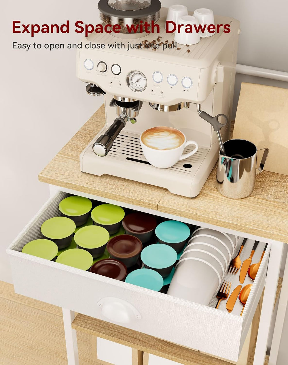 YMYNY 5 Tier Coffee Bar Station, Coffee Stand with Fabric Drawers, 8 S-Shaped...