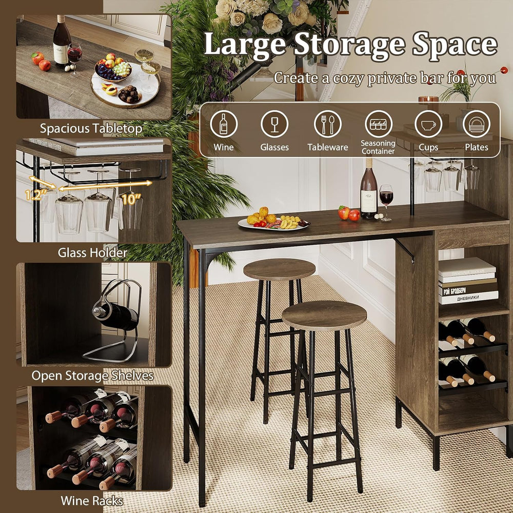 GOFLAME Bar Table Set for 2, Counter Height Dining Table Set with Shelves, Cu...