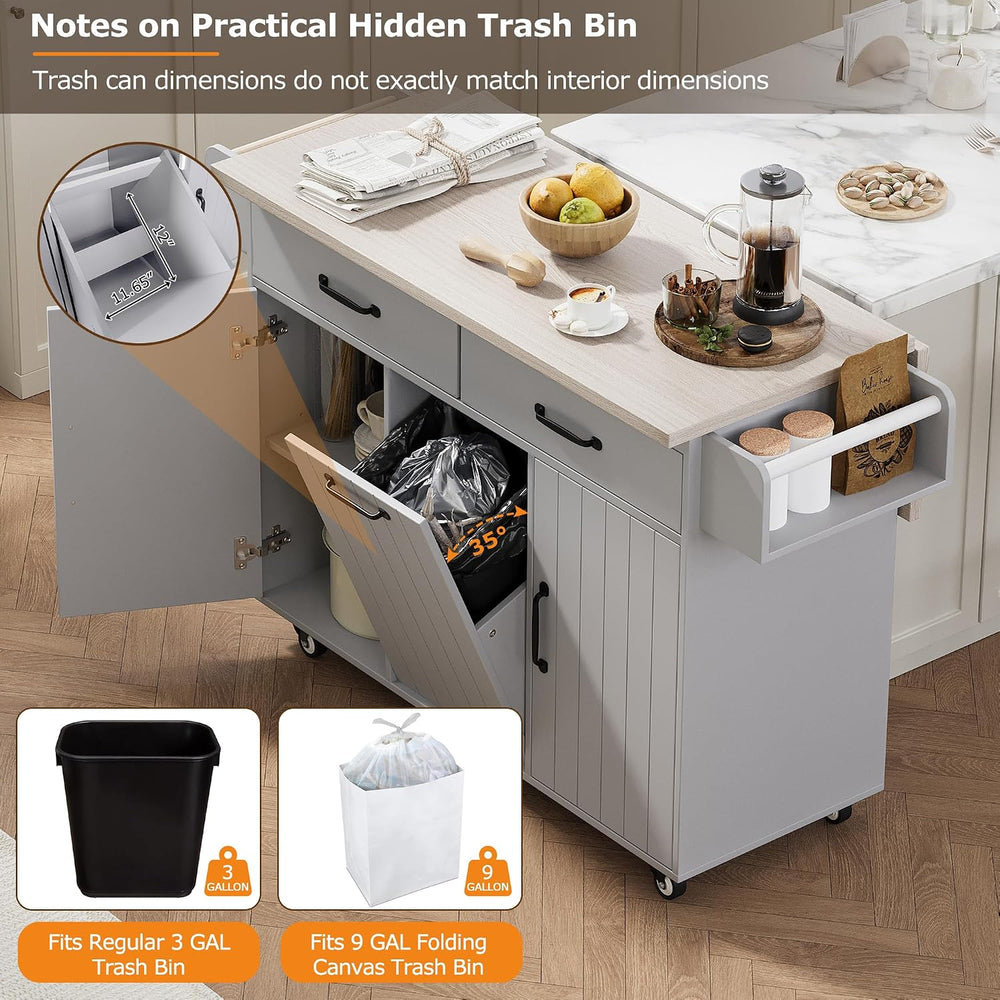 51" Rolling Kitchen Island with Tilt-Out Trash Cabinet & Drop Leaf |...