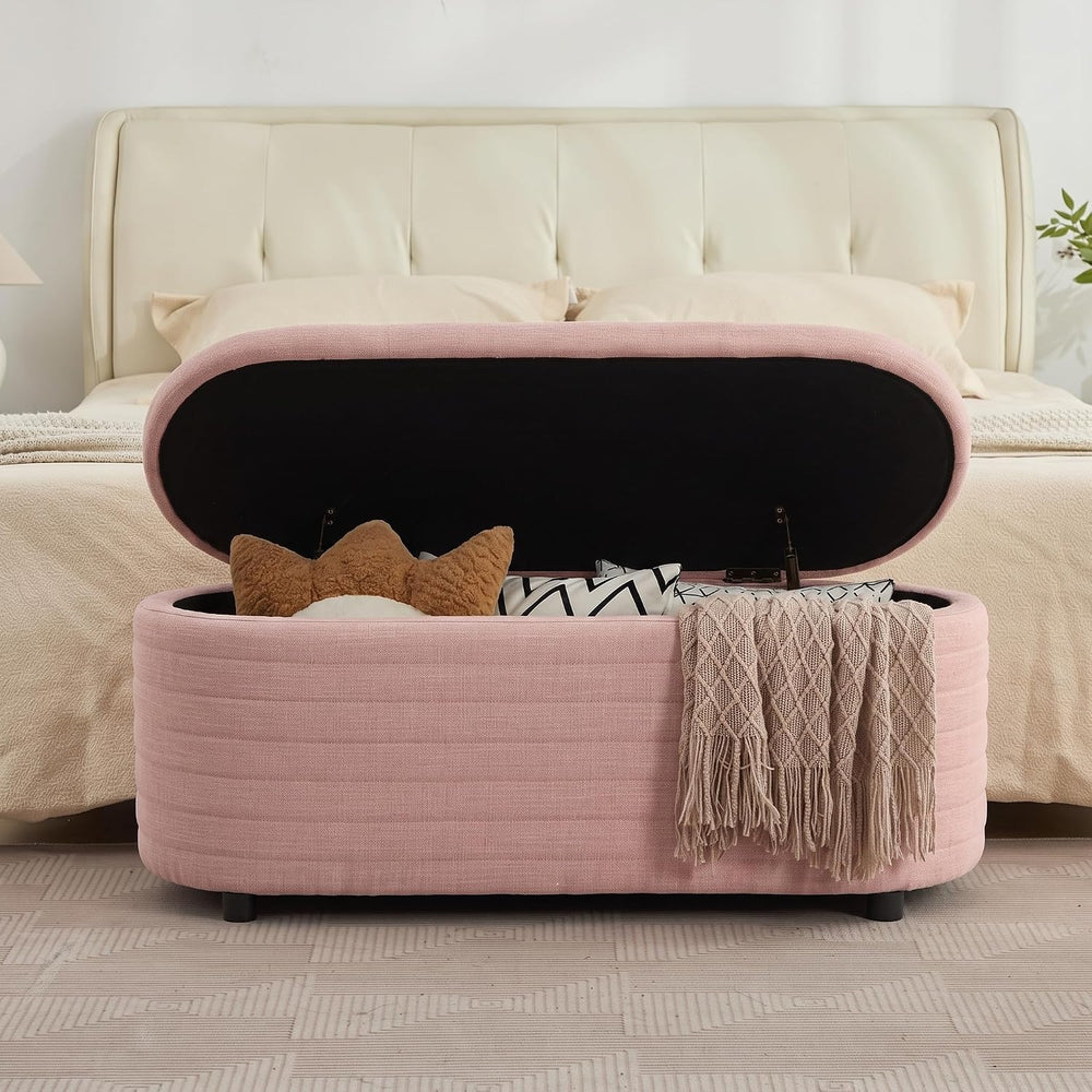 45.5" Modern Storage Ottoman Bench, Pink | Boucle Bench, Linen Fabric, S...