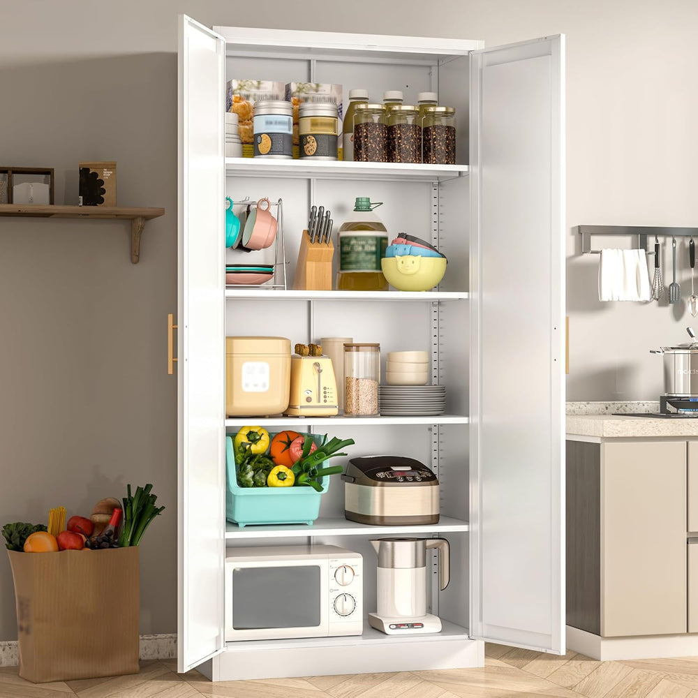 71" Tall White Metal Pantry Cabinet, Freestanding Storage Cupboard with ...