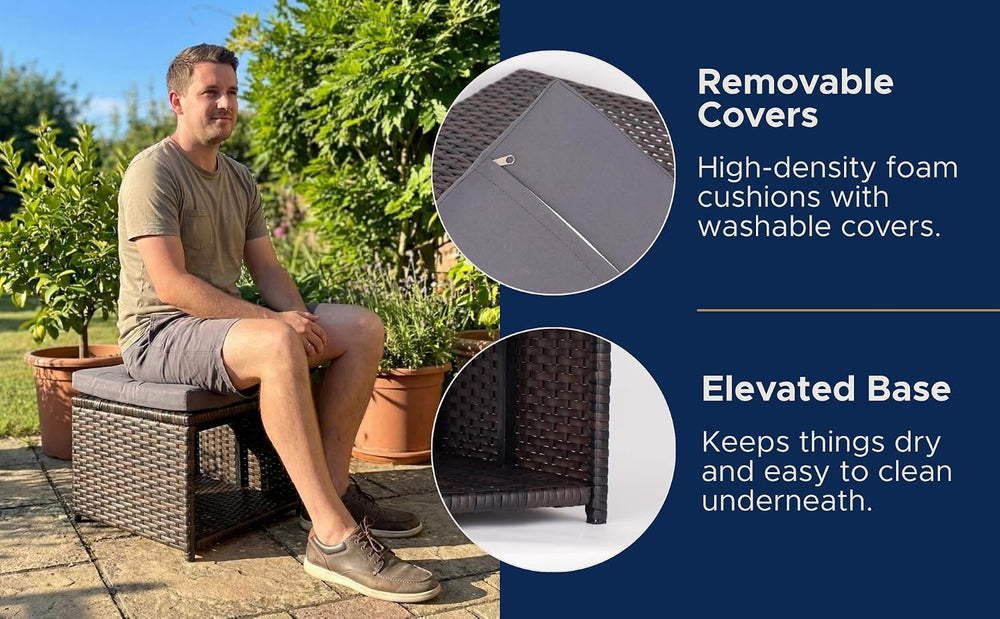 Outdoor Storage Ottoman (Set of 2) - All-Weather Wicker Patio Footstool with ...