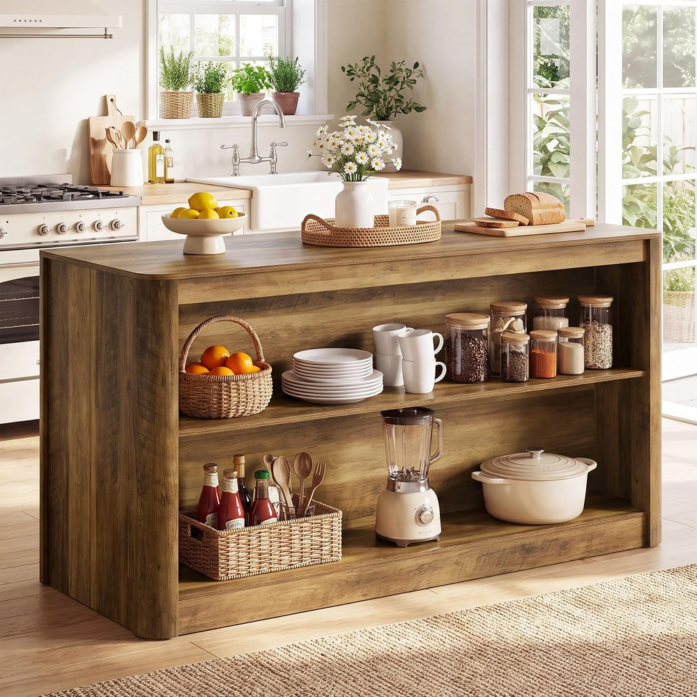Tribesigns 59.1 Inch Kitchen Island with Open Storage | 3-Tier Rustic Wooden ...