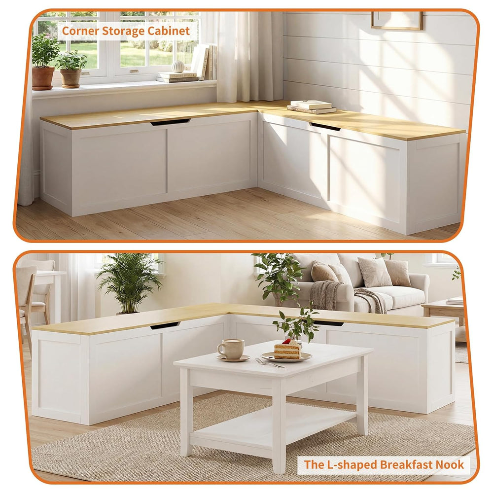 Zevemomo 63" L Shaped Storage Bench, White Breakfast Nook Benches, Corne...