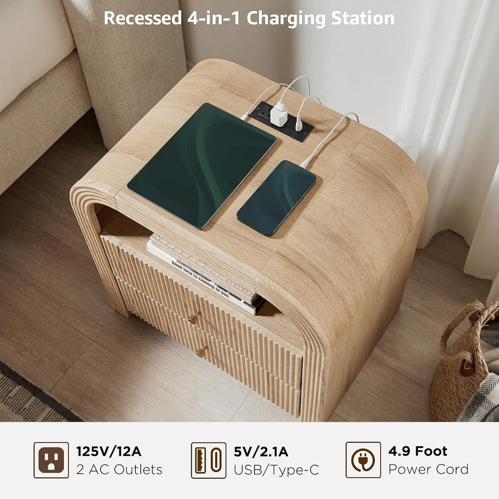 T4TREAM 24" Fluted Nightstand Set of 2 with Charging Station, Natural Oa...
