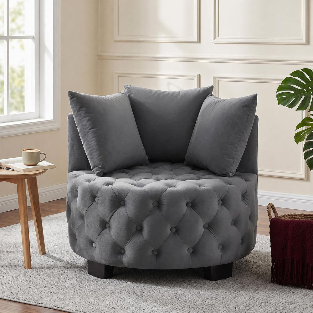 Upholstered Tufted Accent Barrel Chair with 3 Pillows, Contemporary Round Lou...