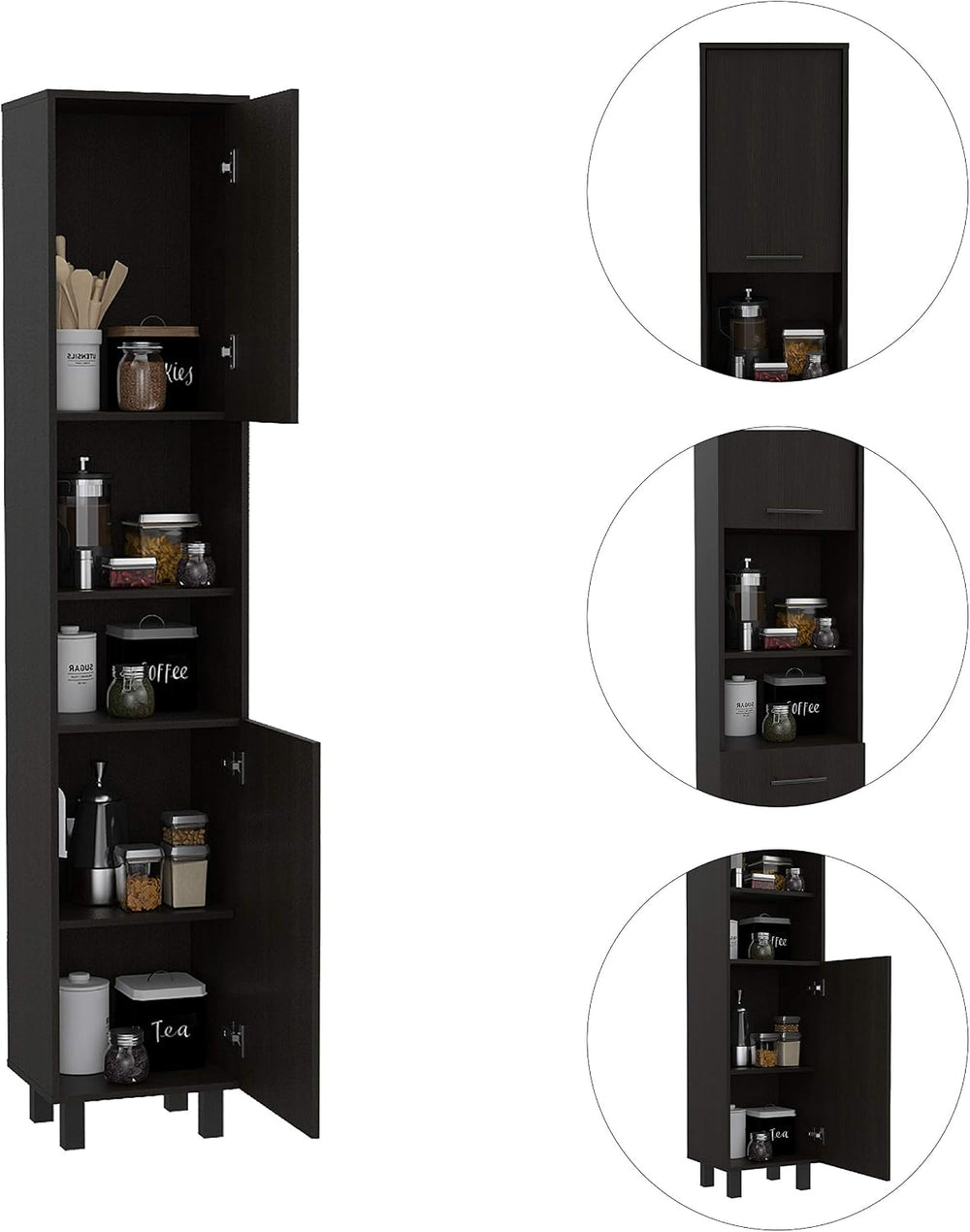 78 Inch Tall Black Pantry Cabinets, 3 Shelves, 2 Doors, Home Storage Organiza...