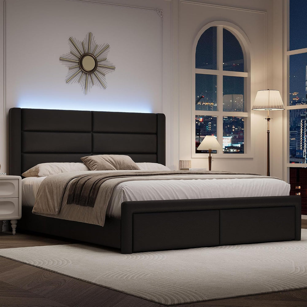 Full Size Upholstered Bed Frame with LED Lights Headboard, Modern Faux Leathe...