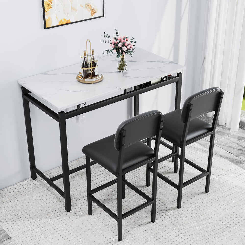 47" 3 Piece Bar Table Set with 2 Padded Chairs for Small Spaces Black | ...