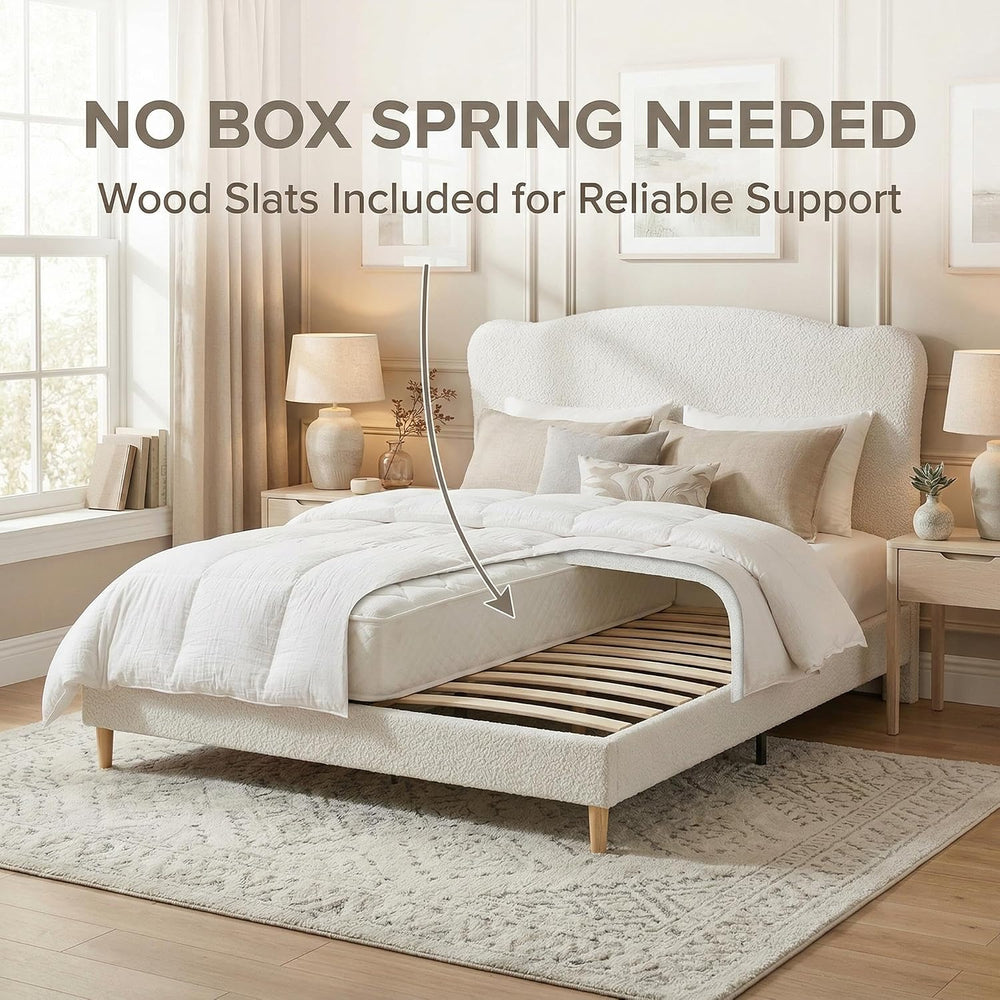 Garvee Bouclé Queen Size Bed Frame with Upholstered Headboard, Beige