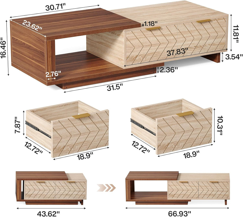 Tribesigns Extendable Coffee Table with 2 Storage Drawers, Dual-Tone Center T...