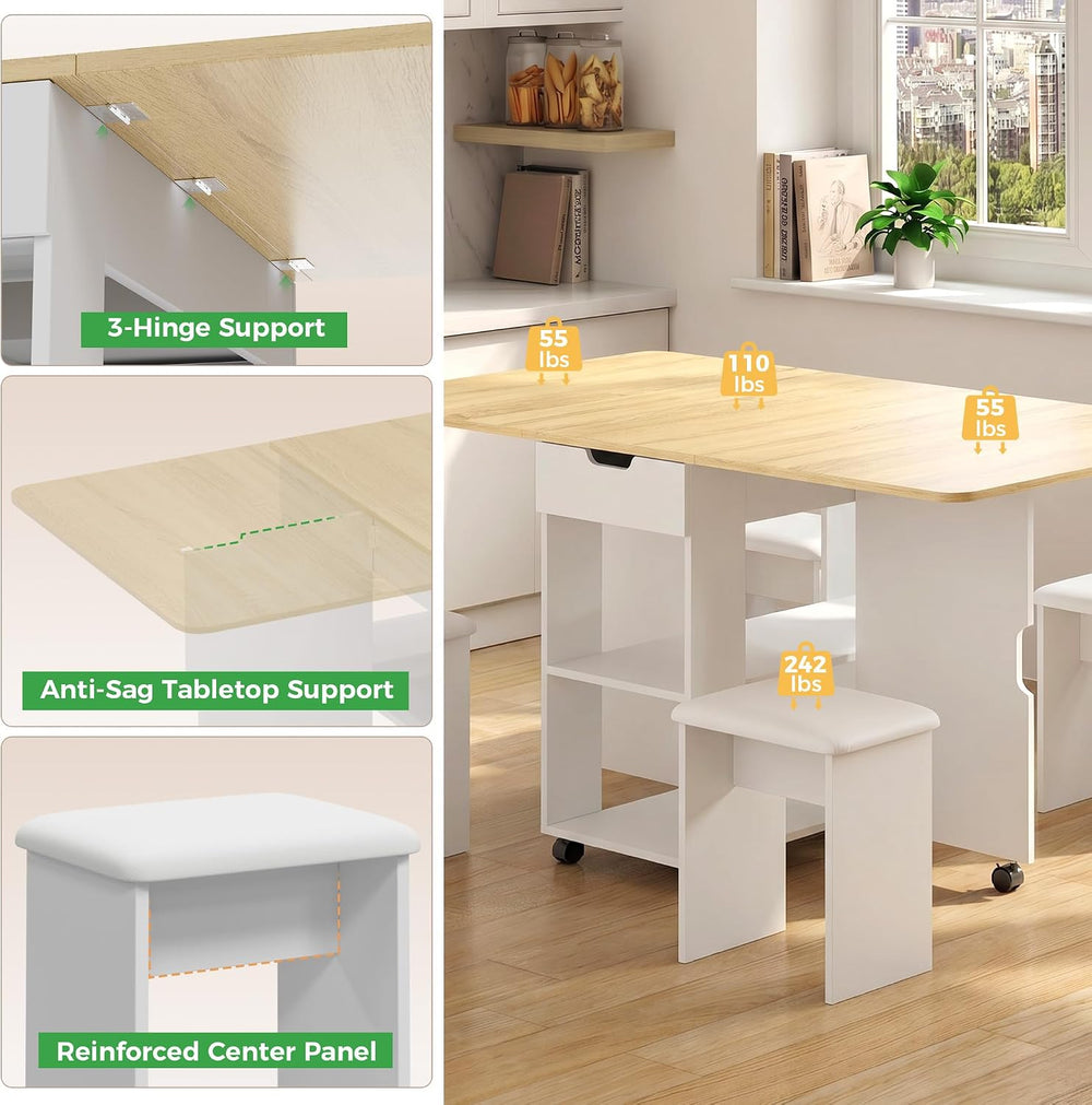 Mondeer Folding Dining Table and Chairs Set 4, 55" Space Saving Table wi...