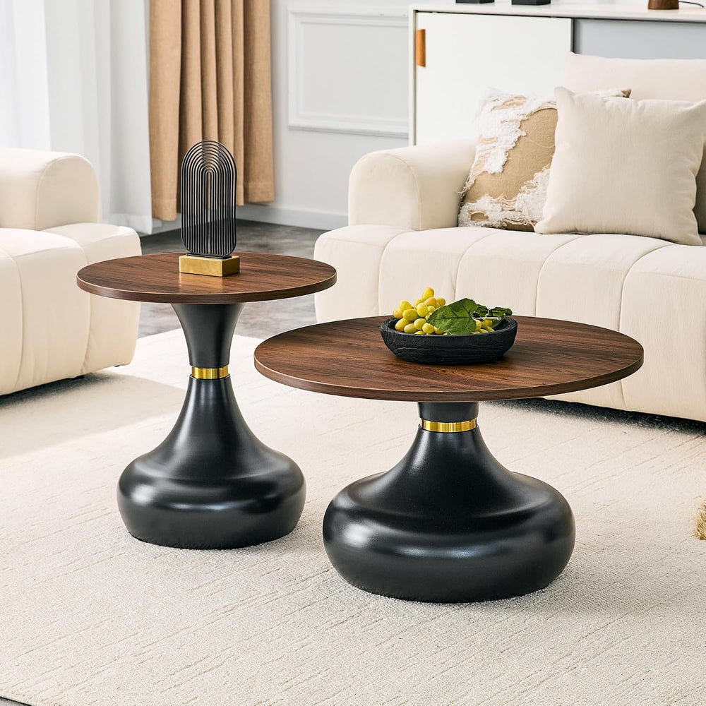 2-Piece Nesting Coffee Table Set, Walnut MDF Tops, Black Metal Bases