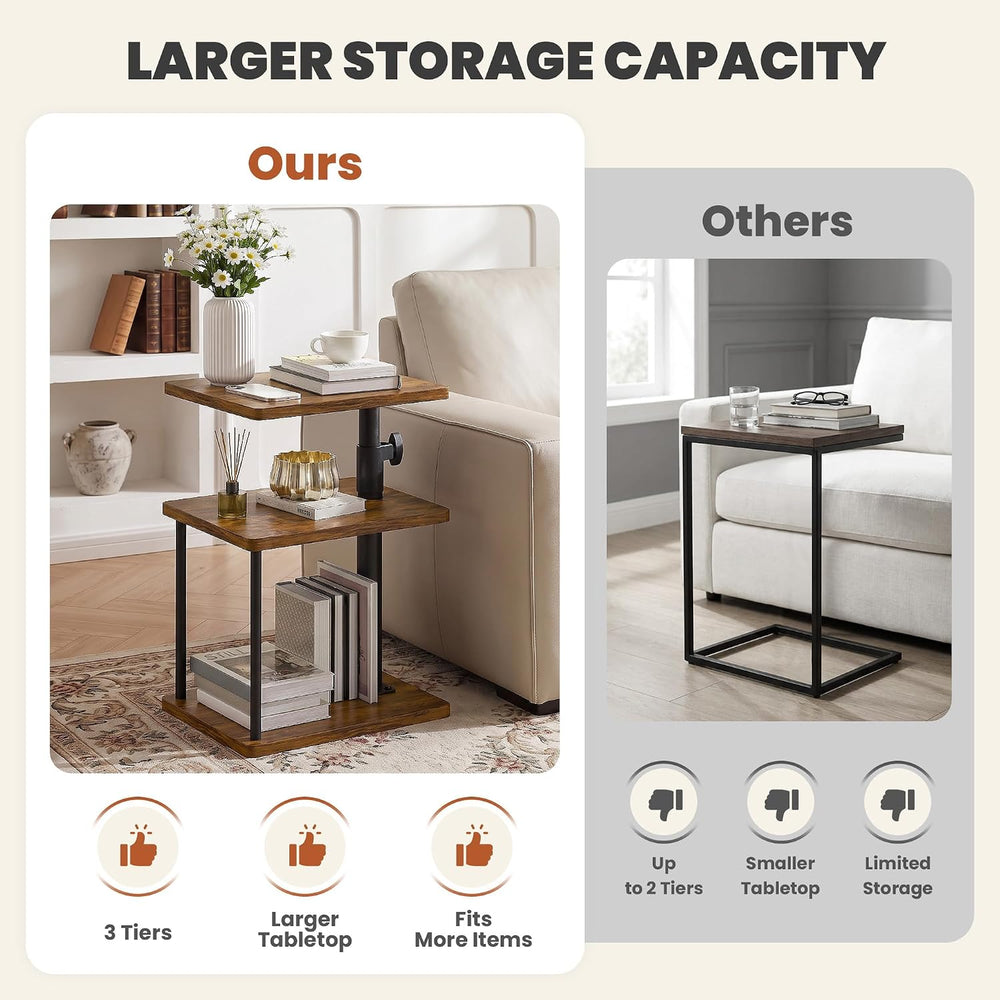GRLEAF 360° Swivel End Table Adjustable Height Side Table, 3-Tier