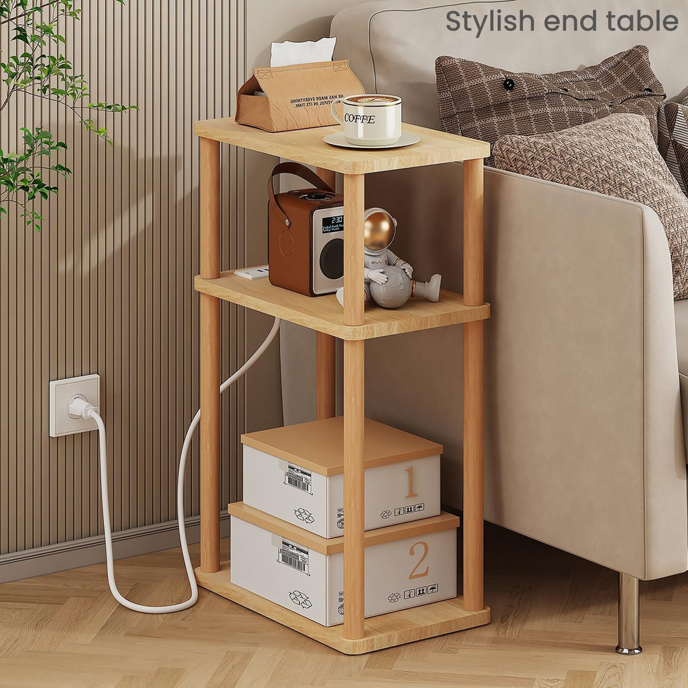 LUCKNOCK Solid Wood Side Table with Charging Station, 3-Tier Small End Table ...