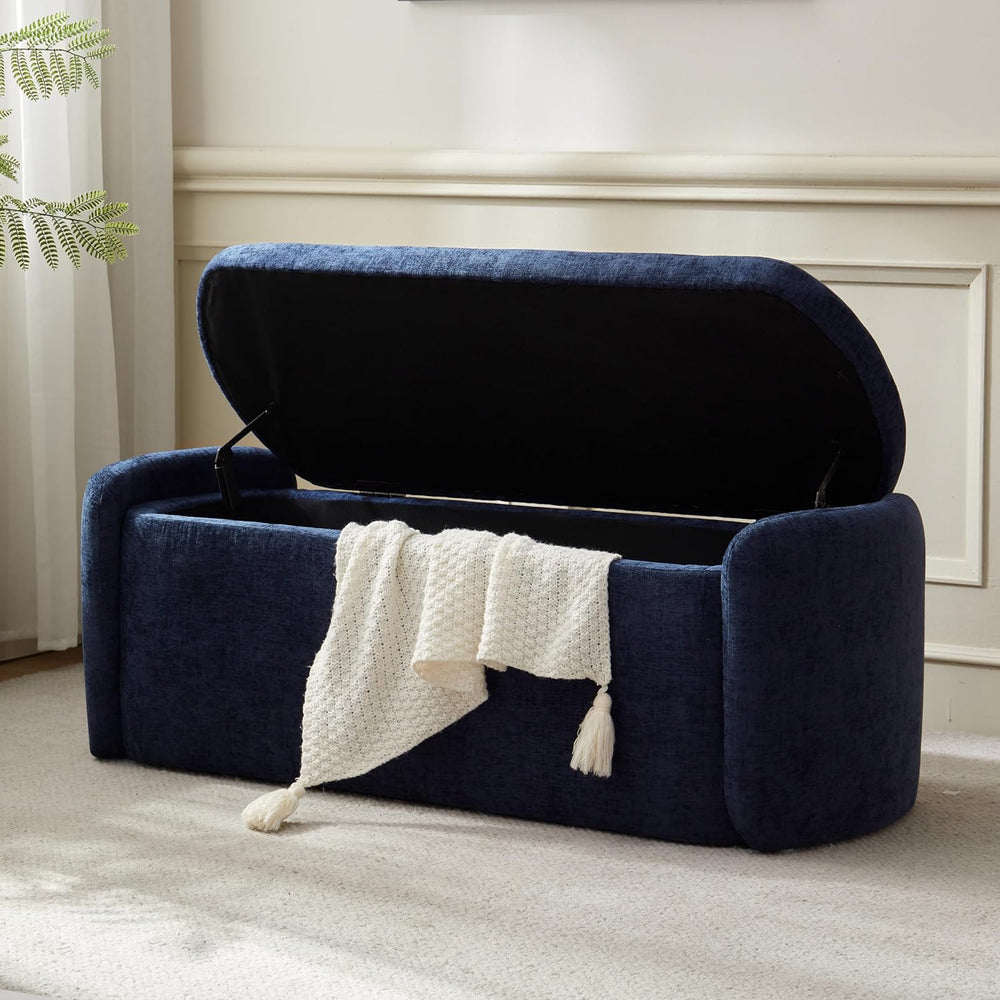 VKNOW Storage Bench, Upholstered Storage Ottoman Bench with Hinge, Navy | Ott...