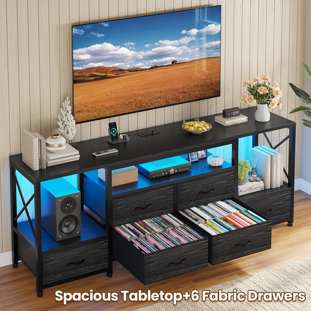 HAUOMS TV Stand for 75 Inch TV,Charcoal Black Wood Grain Print | Entertainmen...
