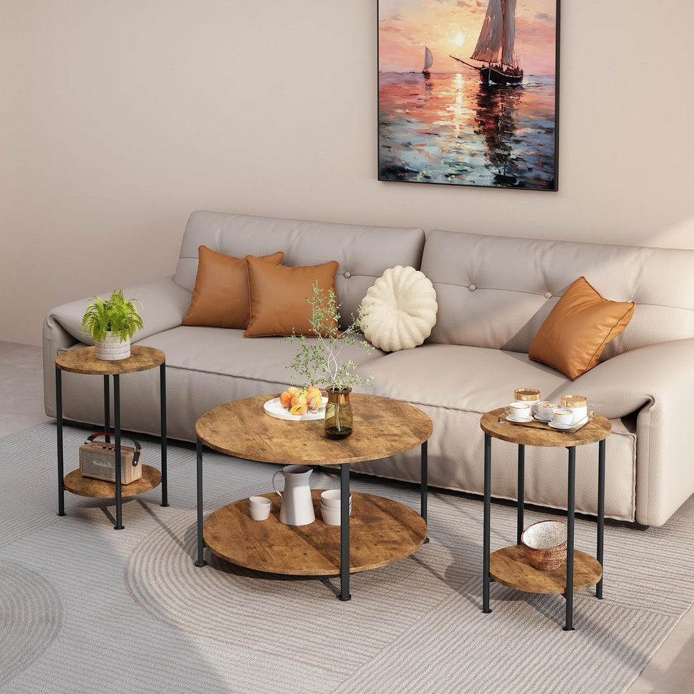 Farmhouse 3-Piece Coffee Table and End Table Set for Living Room | Round Coff...