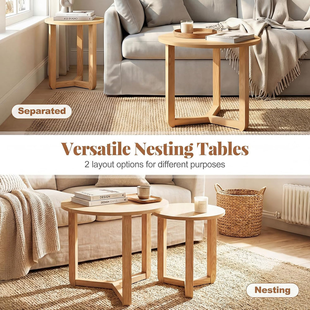 Giantex Round Nesting Coffee Table Set of 2, Wood Nesting End Tables with Thi...