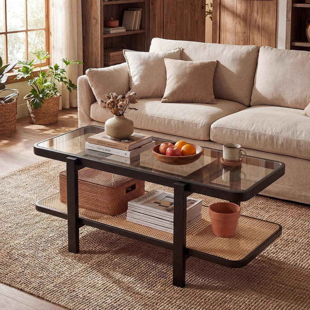 GOFLAME Rattan Coffee Table, 47.5” Solid Wood Center Table with Tempered Glas...