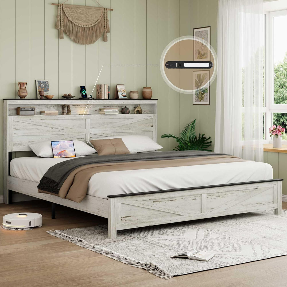 Ball & Cast Wood King Size Bed Frame with Storage Headboard,Farmhouse Pla...