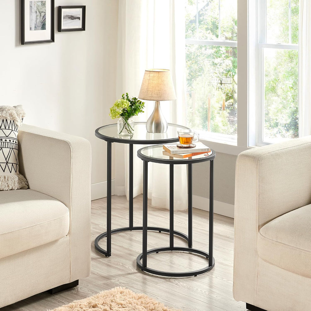 Yaheetech Round Nesting Side Tables Set of 2 with Tempered Glass Top, Black |...