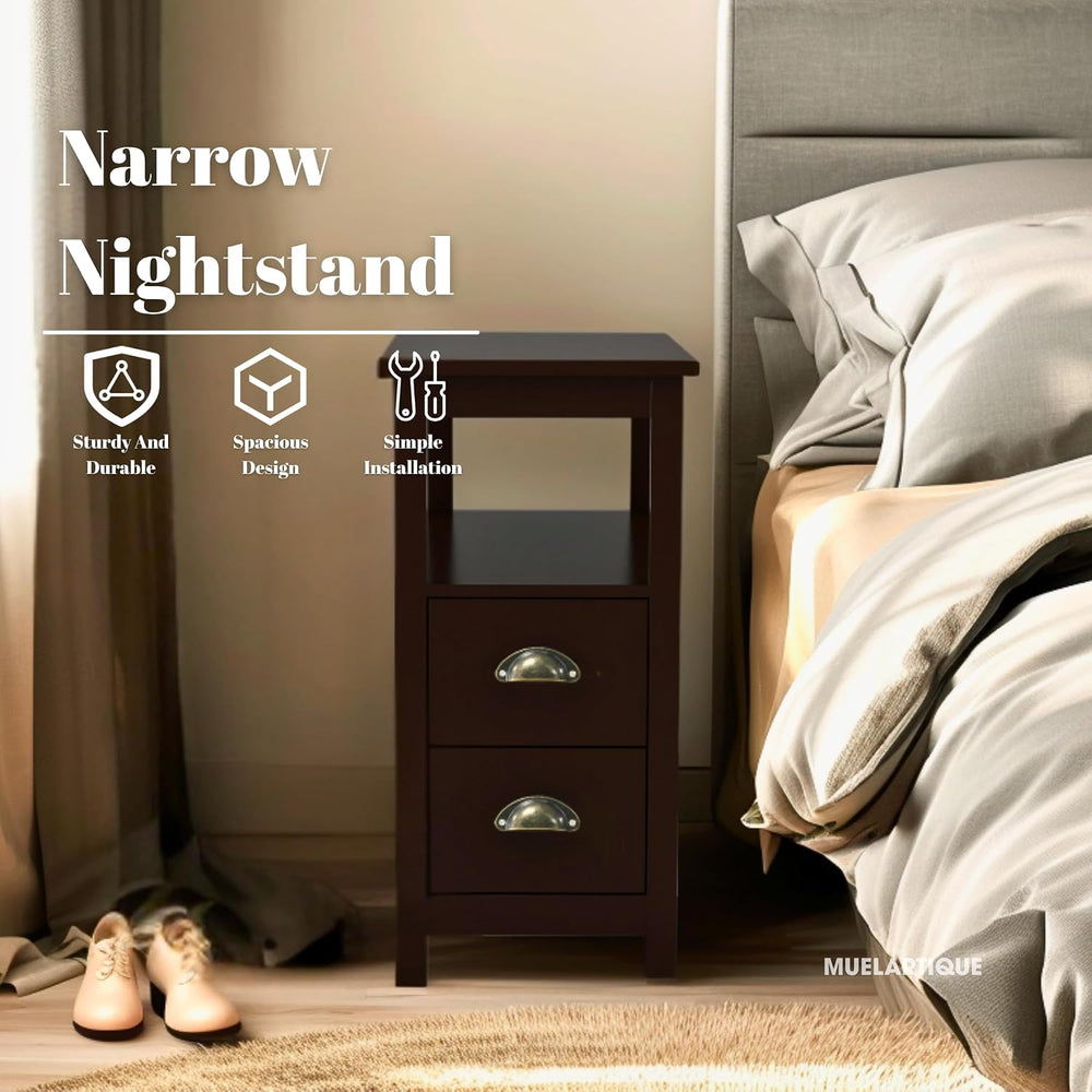 Narrow End Table with Two Drawers & Open Shelf - Brown Nightstand/Side Ta...
