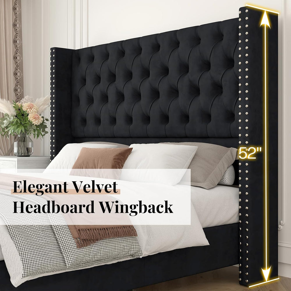 Jocisland Queen Size Bed Frame with 51.6" Velvet Wingback Headboard, Black