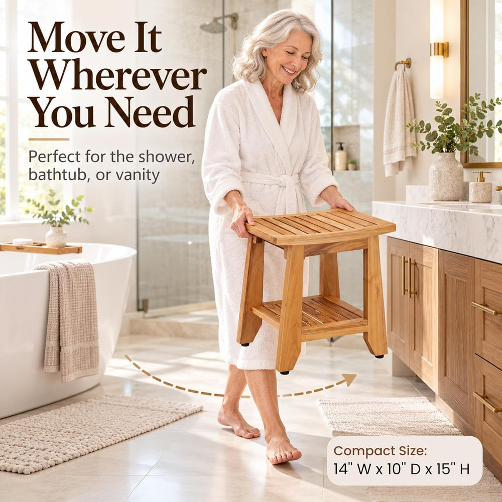 Teak Shower Bench Stool, 14'' Compact Waterproof Wooden Sauna Bath Be...