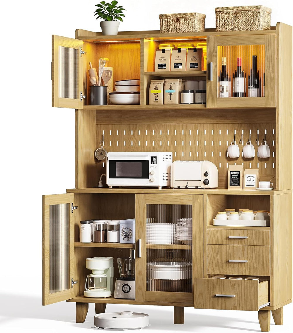 71" Tall Kitchen Pantry Cabinet with Remote LED Light & Charging Sta...