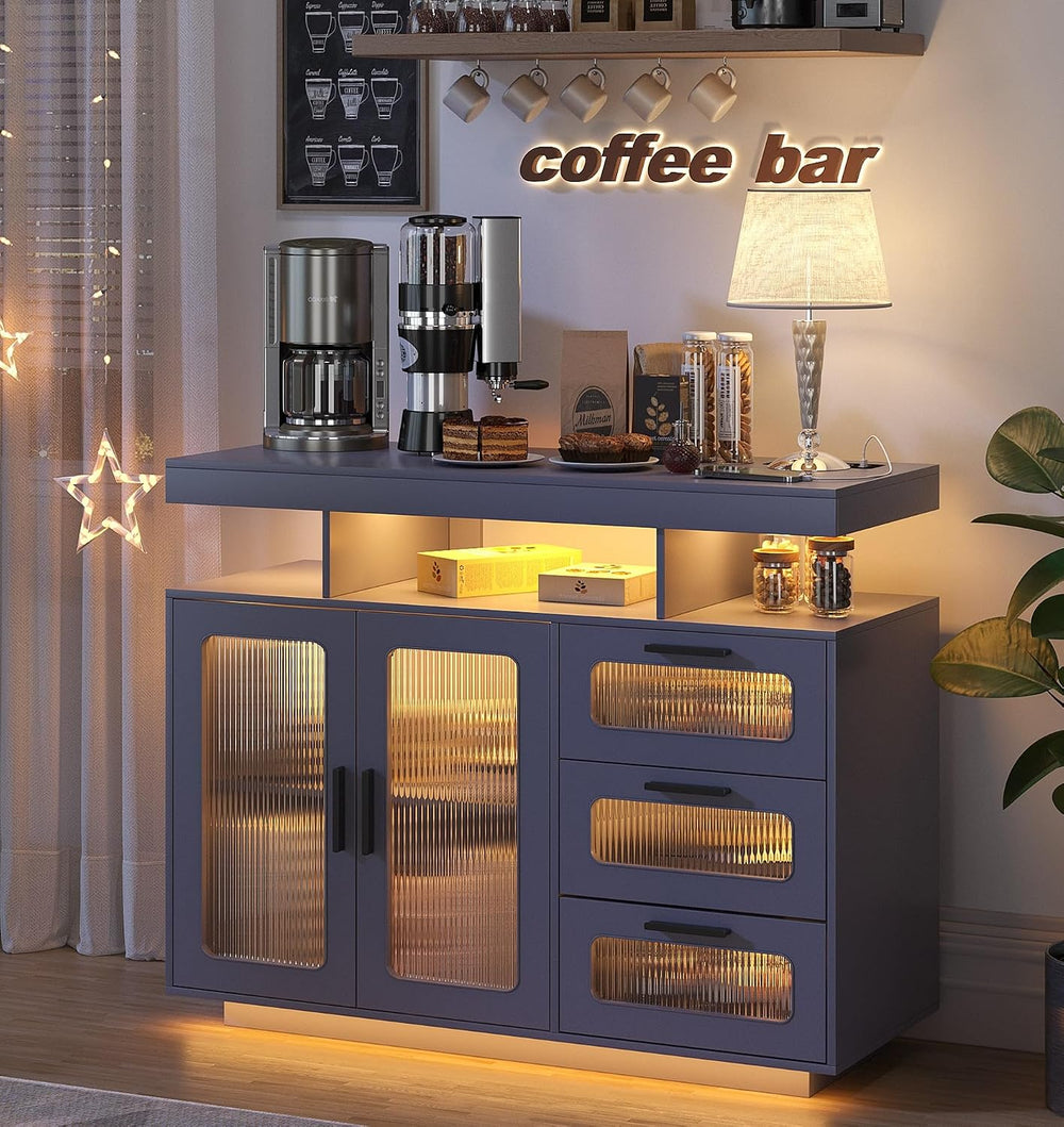 HWB Coffee Bar Cabinet with RGB Light & Charging Station, Gray