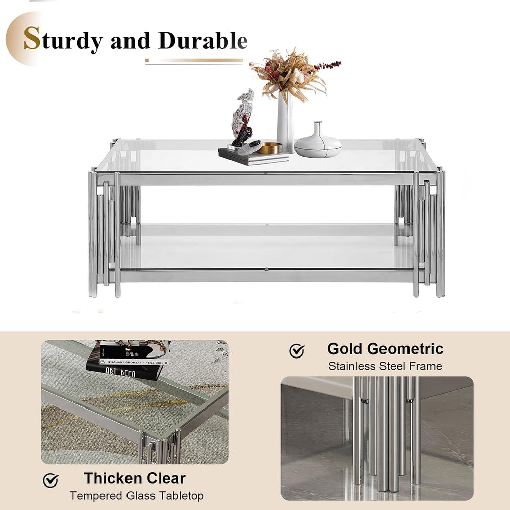 Modern Glass Coffee Table Set of 3, Luxury 2-Tier Clear Glass Coffee Table an...